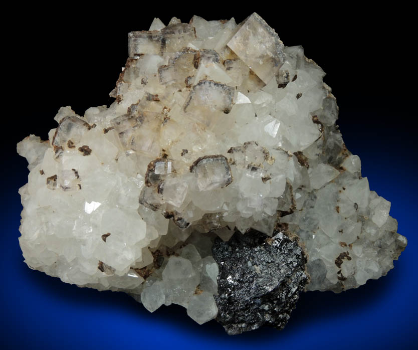 Fluorite on Quartz with Siderite and Sphalerite from Rampgill Mine, Nenthead, Alston Moor District, West Cumberland Iron Mining District, Cumbria, England