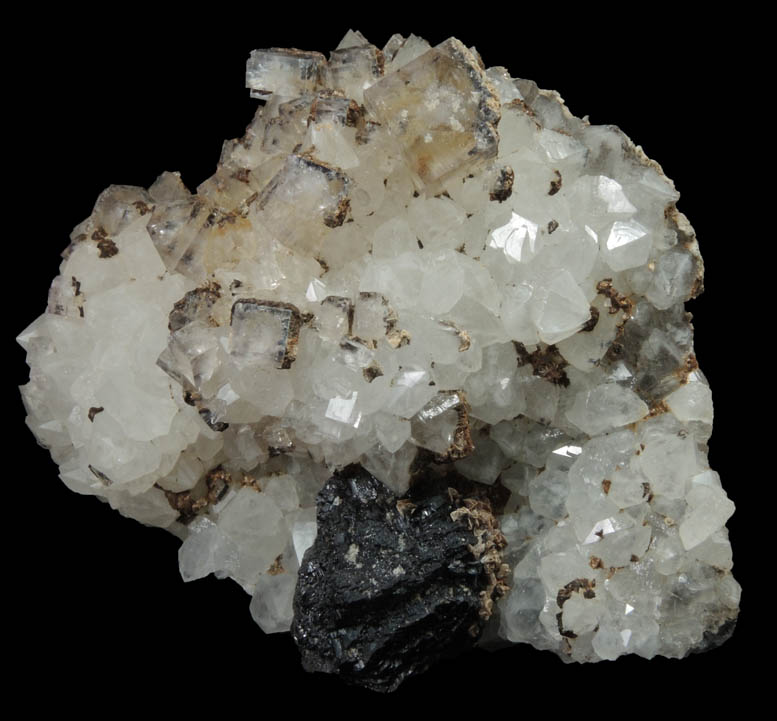 Fluorite on Quartz with Siderite and Sphalerite from Rampgill Mine, Nenthead, Alston Moor District, West Cumberland Iron Mining District, Cumbria, England