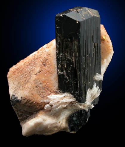 Arfvedsonite (rare terminated crystal) on Microcline from Hurricane Mountain, east of Intervale, Carroll County, New Hampshire