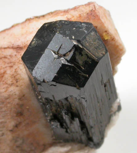 Arfvedsonite (rare terminated crystal) on Microcline from Hurricane Mountain, east of Intervale, Carroll County, New Hampshire