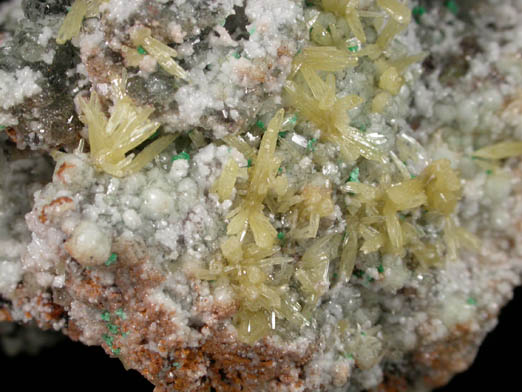 Mimetite, Dolomite, Calcite, Malachite from Tsumeb Mine, Otavi-Bergland District, Oshikoto, Namibia