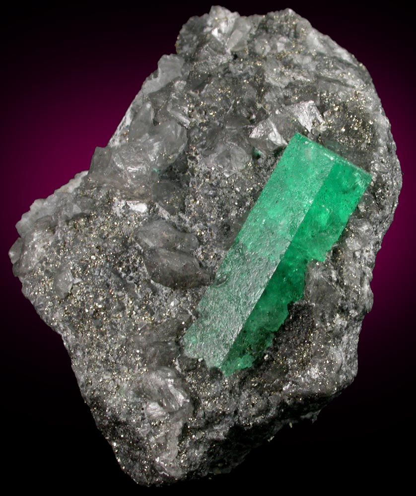 Beryl var. Emerald on Calcite with Pyrite from Coscuez Mine, Vasquez-Yacopi Mining District, Colombia