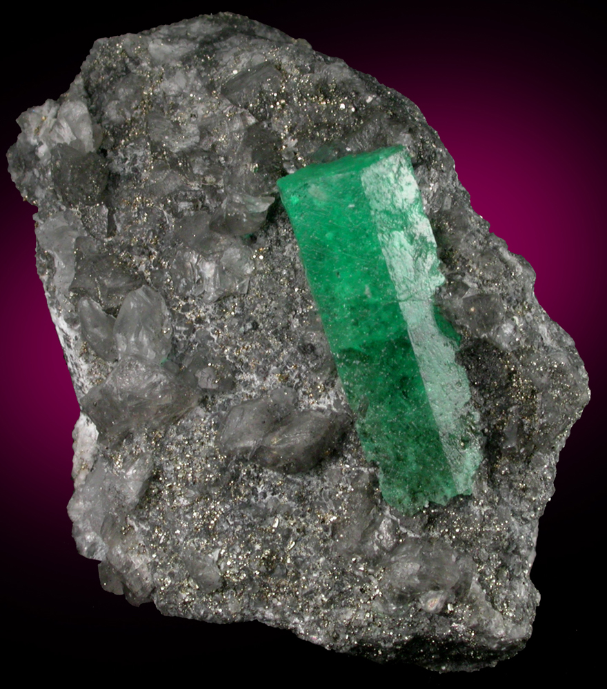 Beryl var. Emerald on Calcite with Pyrite from Coscuez Mine, Vasquez-Yacopi Mining District, Colombia