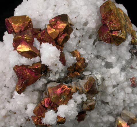 Chalcopyrite on Quartz over Calcite from Llangynog, Powys, Wales