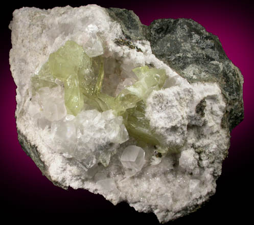 Datolite with Calcite on Quartz from Prospect Park Quarry, Prospect Park, Passaic County, New Jersey