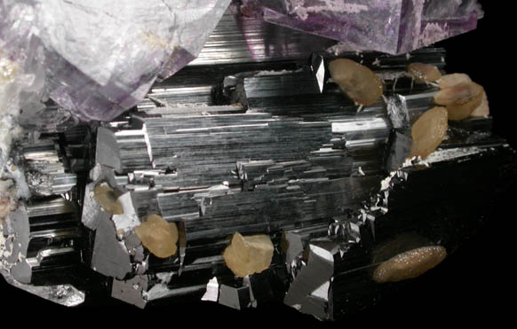 Fluorite with Jamesonite inclusions plus Ferberite from Yaogangxian Mine, Nanling Mountains, Hunan, China