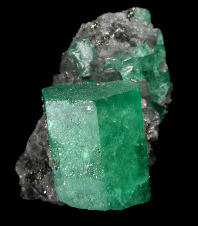 Beryl var. Emerald with Pyrite in Calcite from Coscuez Mine, Vasquez-Yacop District, Boyac Department, Colombia