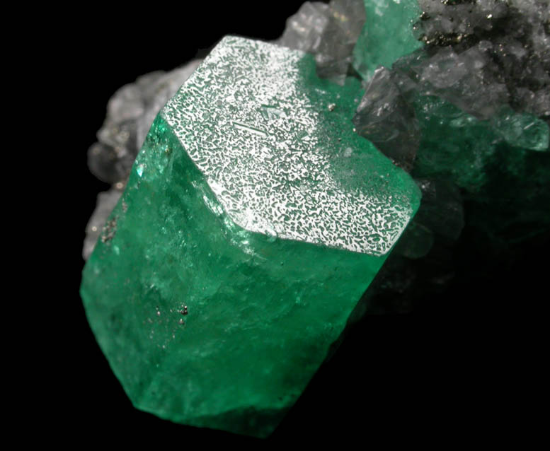 Beryl var. Emerald with Pyrite in Calcite from Coscuez Mine, Vasquez-Yacop District, Boyac Department, Colombia