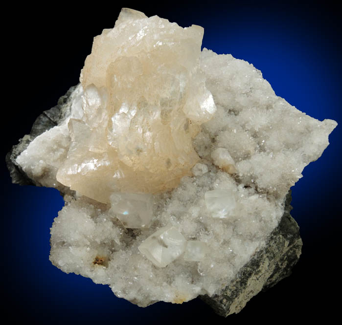 Heulandite on Quartz with Calcite from Prospect Park Quarry, Prospect Park, Passaic County, New Jersey