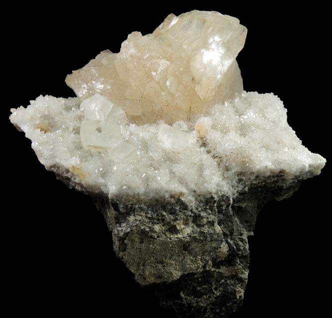 Heulandite on Quartz with Calcite from Prospect Park Quarry, Prospect Park, Passaic County, New Jersey