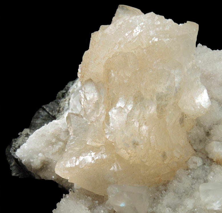 Heulandite on Quartz with Calcite from Prospect Park Quarry, Prospect Park, Passaic County, New Jersey