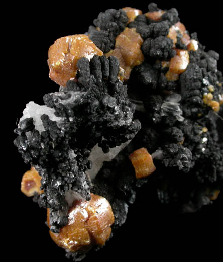 Mimetite var. Campylite with Psilomelane on Barite from Drygill Mine, Caldbeck Fells, Cumberland, England