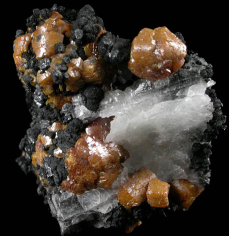 Mimetite var. Campylite with Psilomelane on Barite from Drygill Mine, Caldbeck Fells, Cumberland, England