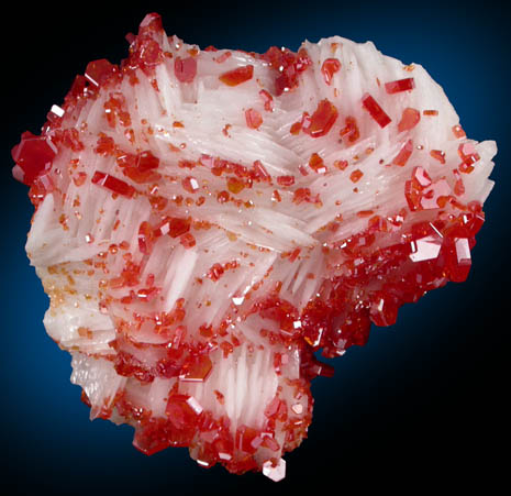 Vanadinite on Barite from Mibladen, Haute Moulouya Basin, Zeida-Aouli-Mibladen belt, Midelt Province, Morocco