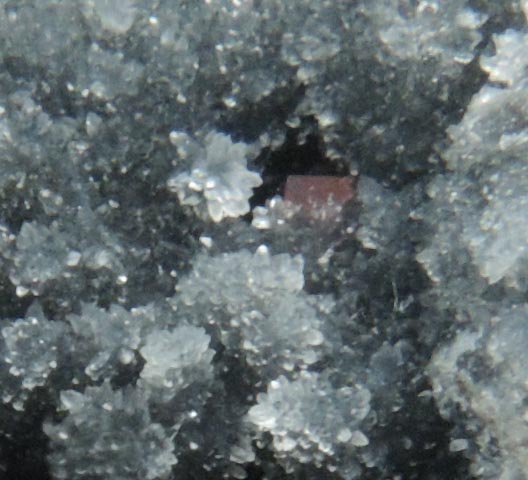 Galkhaite on Quartz from Getchell Mine, 4650' Level, 182 Heading, Humboldt County, Nevada