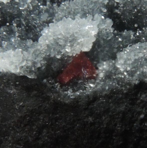 Galkhaite on Quartz from Getchell Mine, 4650' Level, 182 Heading, Humboldt County, Nevada