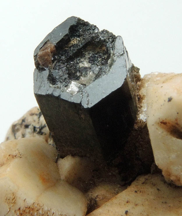 Arfvedsonite (rare terminated crystal) on Microcline with Zircon from Hurricane Mountain, east of Intervale, Carroll County, New Hampshire