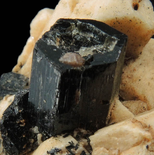 Arfvedsonite (rare terminated crystal) on Microcline with Zircon from Hurricane Mountain, east of Intervale, Carroll County, New Hampshire