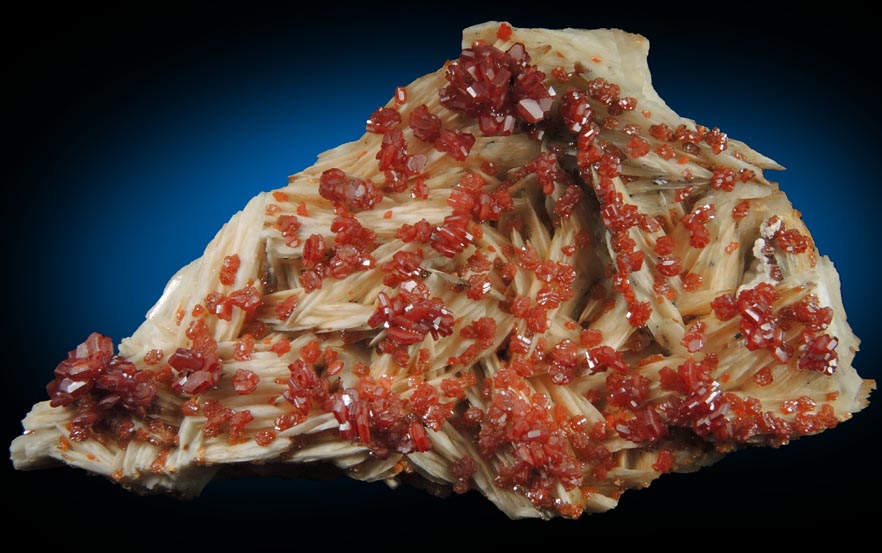 Vanadinite on Barite from Mibladen, Haute Moulouya Basin, Zeida-Aouli-Mibladen belt, Midelt Province, Morocco