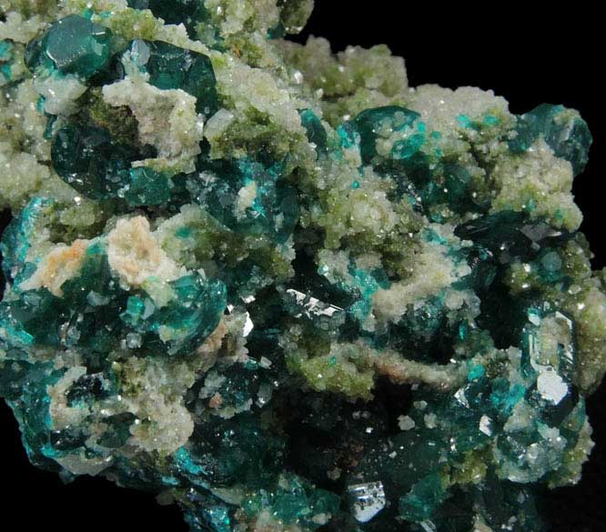 Dioptase on Calcite and Duftite from Tsumeb Mine, Otavi-Bergland District, Oshikoto, Namibia (Type Locality for Duftite)