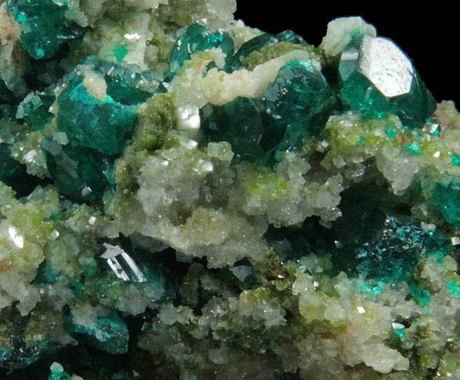 Dioptase on Calcite and Duftite from Tsumeb Mine, Otavi-Bergland District, Oshikoto, Namibia (Type Locality for Duftite)