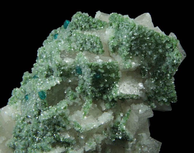 Dioptase and Duftite on Calcite from Tsumeb Mine, Otavi-Bergland District, Oshikoto, Namibia (Type Locality for Duftite)