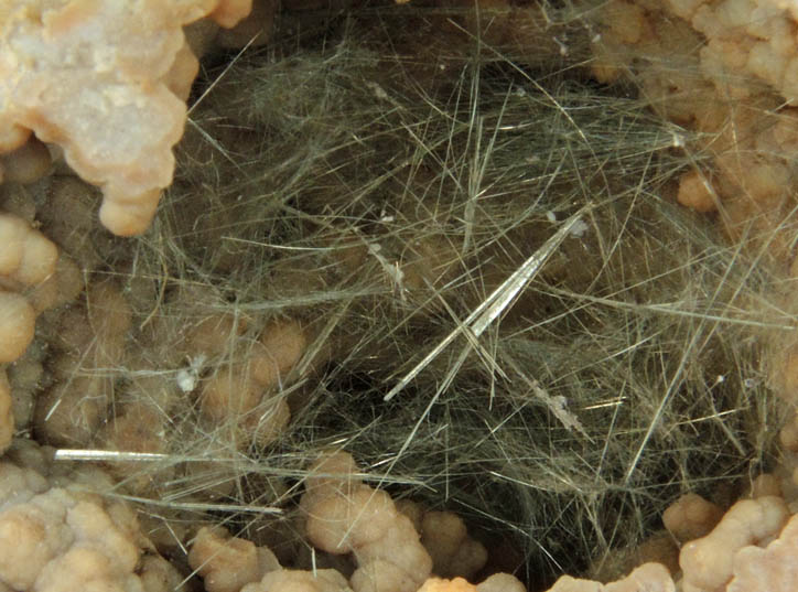 Millerite in Quartz Geode from US Route 27 road cut, Halls Gap, Lincoln County, Kentucky