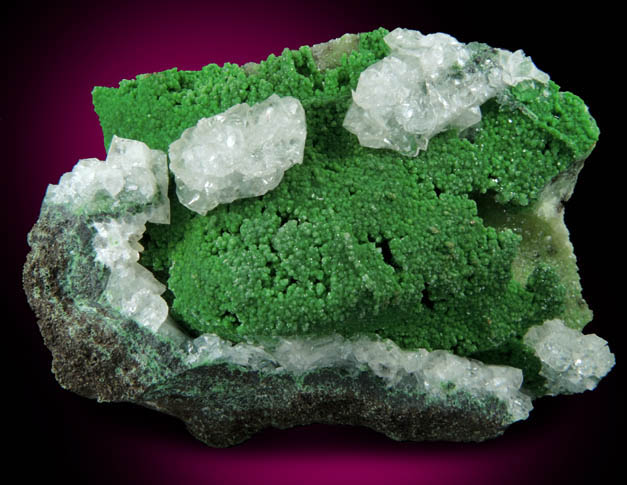 Austinite var. Cuprian Austinite over Adamite with Calcite from Mina Ojuela, Mapimi, Durango, Mexico