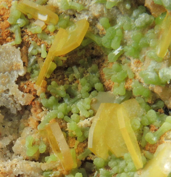 Wulfenite and Mimetite on Barite from Mina Ojuela, Mapimi, Durango, Mexico