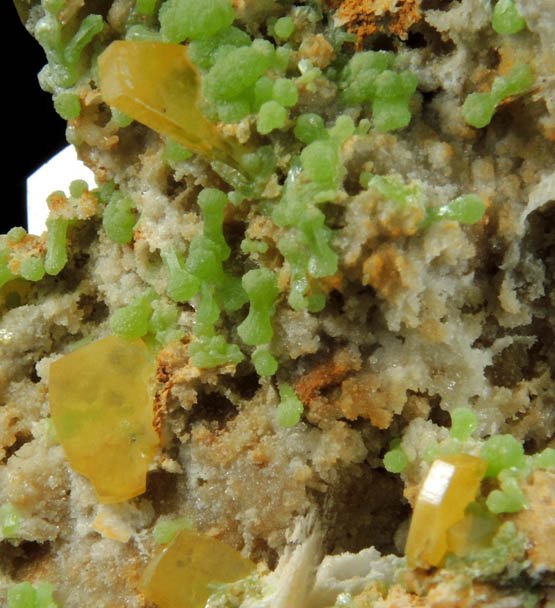 Wulfenite and Mimetite on Barite from Mina Ojuela, Mapimi, Durango, Mexico