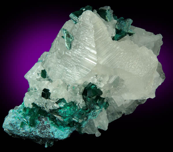 Calcite with Dioptase and Plancheite from Kolwezi Mining District, 240 km WNW of  Lubumbashi, Katanga Copperbelt, Lualaba Province, Democratic Republic of the Congo