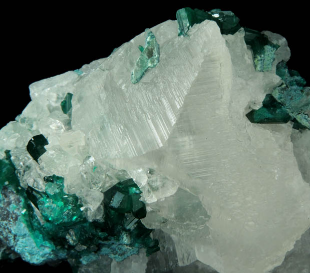 Calcite with Dioptase and Plancheite from Kolwezi District, Katanga (Shaba) Province, Democratic Republic of the Congo