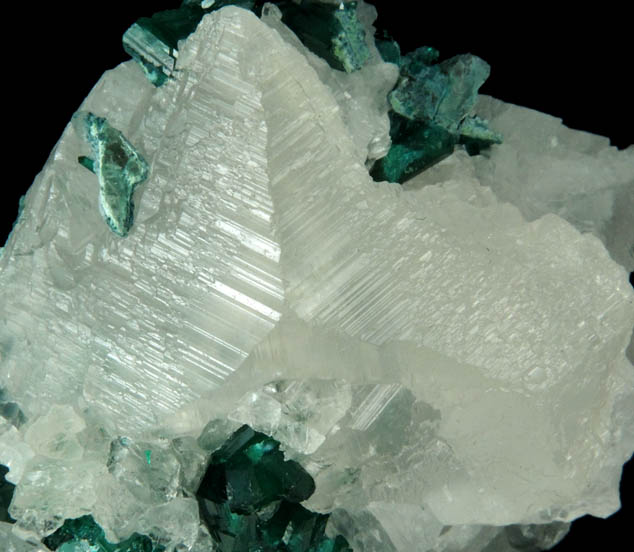 Calcite with Dioptase and Plancheite from Kolwezi Mining District, 240 km WNW of  Lubumbashi, Katanga Copperbelt, Lualaba Province, Democratic Republic of the Congo