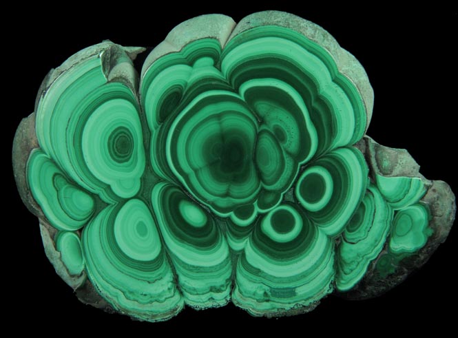 Malachite from Kolwezi Mining District, 240 km WNW of Lubumbashi, Katanga Copperbelt, Lualaba Province, Democratic Republic of the Congo