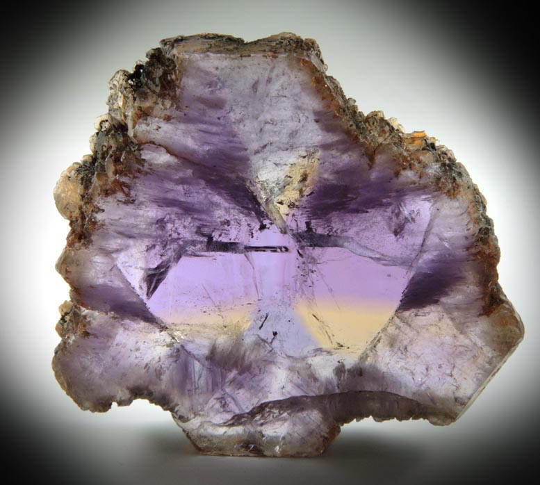 Quartz var. Ametrine (sawn to show alternating amethyst-citrine zones within a single crystal) from Anahi Mine, La Gaiba District, Angel Sandoval Province, Santa Cruz Department, Bolivia