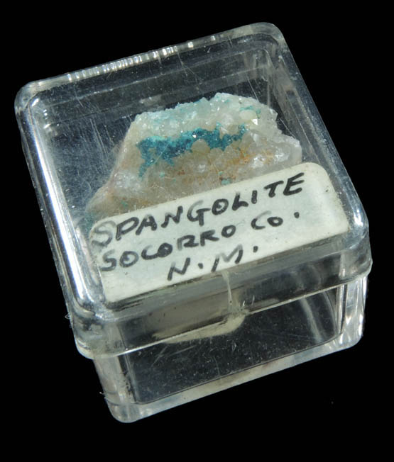Spangolite on Quartz (micromount) from Hansonburg District, 8.5 km south of Bingham, Socorro County, New Mexico