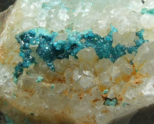 Spangolite on Quartz (micromount) from Hansonburg District, 8.5 km south of Bingham, Socorro County, New Mexico