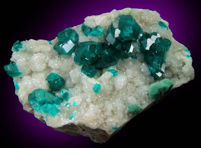 Dioptase on Calcite with Malachite from Tsumeb Mine, Otavi-Bergland District, Oshikoto, Namibia