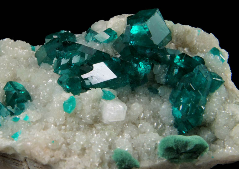 Dioptase on Calcite with Malachite from Tsumeb Mine, Otavi-Bergland District, Oshikoto, Namibia