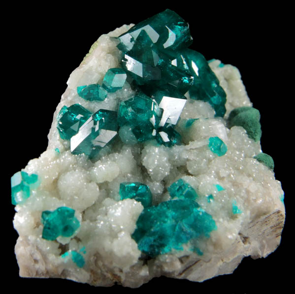 Dioptase on Calcite with Malachite from Tsumeb Mine, Otavi-Bergland District, Oshikoto, Namibia