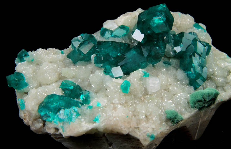 Dioptase on Calcite with Malachite from Tsumeb Mine, Otavi-Bergland District, Oshikoto, Namibia