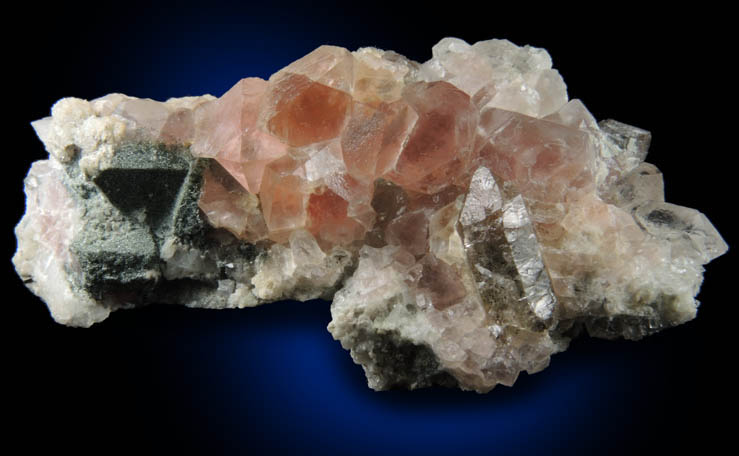 Fluorite (pink) on Quartz with Chlorite from Aiguille du Chardonnet, Mont Blanc, Chamonix, Savoie, Rhne-Alpes, France