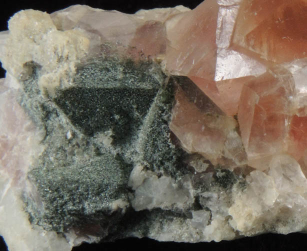 Fluorite (pink) on Quartz with Chlorite from Aiguille du Chardonnet, Mont Blanc, Chamonix, Savoie, Rhne-Alpes, France