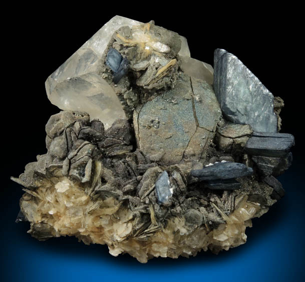 Vivianite on Muscovite and Quartz with Chalcopyrite coating from Cigana, Galilia, Minas Gerais, Brazil