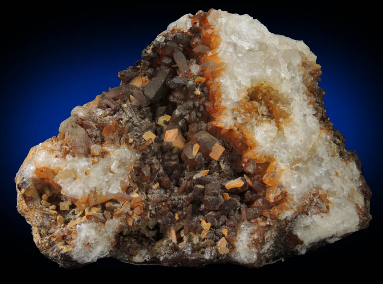 Wulfenite and Limonite on Quartz with minor Pyromorphite from Manhan Lead Mines, Loudville District, 3 km northwest of Easthampton, Hampshire County, Massachusetts