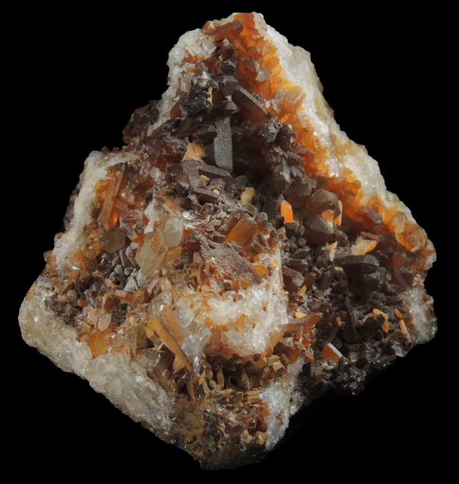 Wulfenite and Limonite on Quartz with minor Pyromorphite from Manhan Lead Mines, Loudville District, 3 km northwest of Easthampton, Hampshire County, Massachusetts
