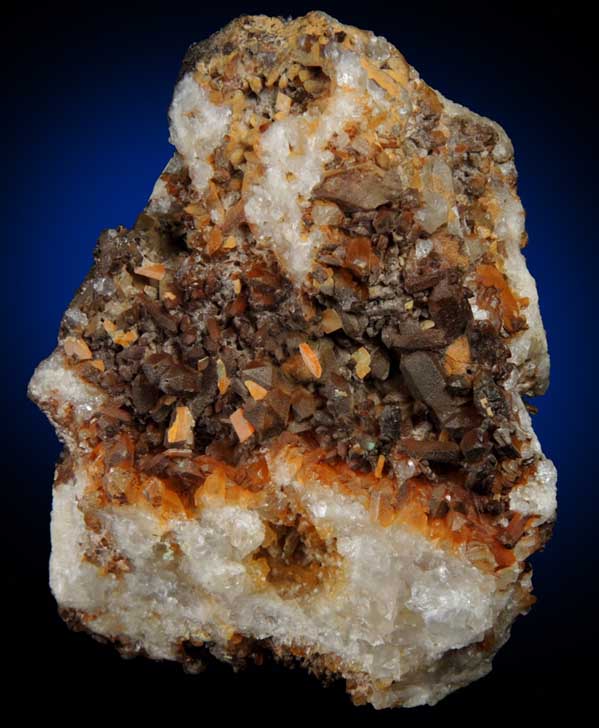 Wulfenite and Limonite on Quartz with minor Pyromorphite from Manhan Lead Mines, Loudville District, 3 km northwest of Easthampton, Hampshire County, Massachusetts