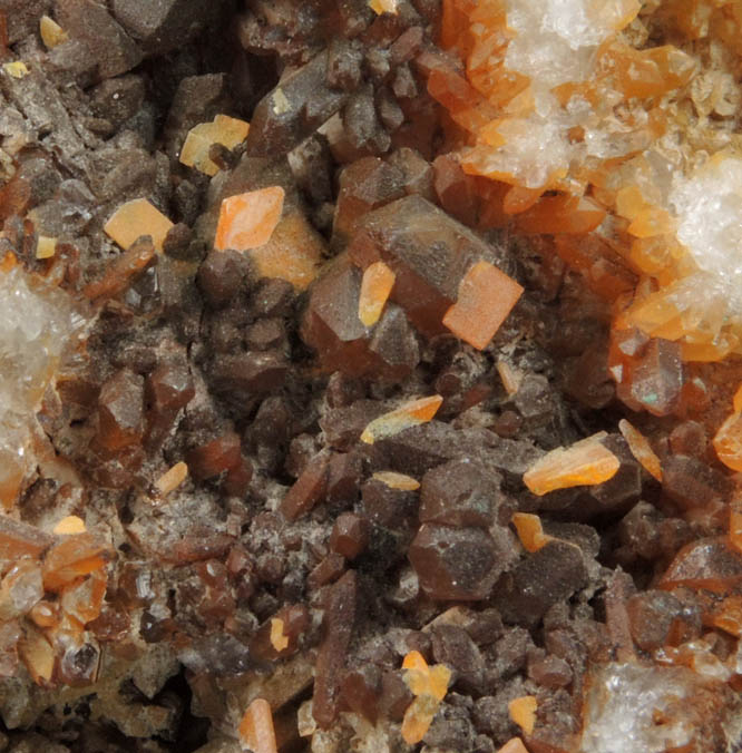 Wulfenite and Limonite on Quartz with minor Pyromorphite from Manhan Lead Mines, Loudville District, 3 km northwest of Easthampton, Hampshire County, Massachusetts
