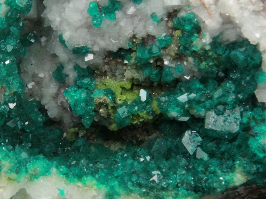 Dioptase on Calcite with Duftite from Tsumeb Mine, Otavi-Bergland District, Oshikoto, Namibia (Type Locality for Duftite)