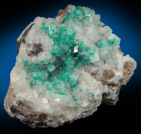 Dioptase on Calcite from Tsumeb Mine, Otavi-Bergland District, Oshikoto, Namibia